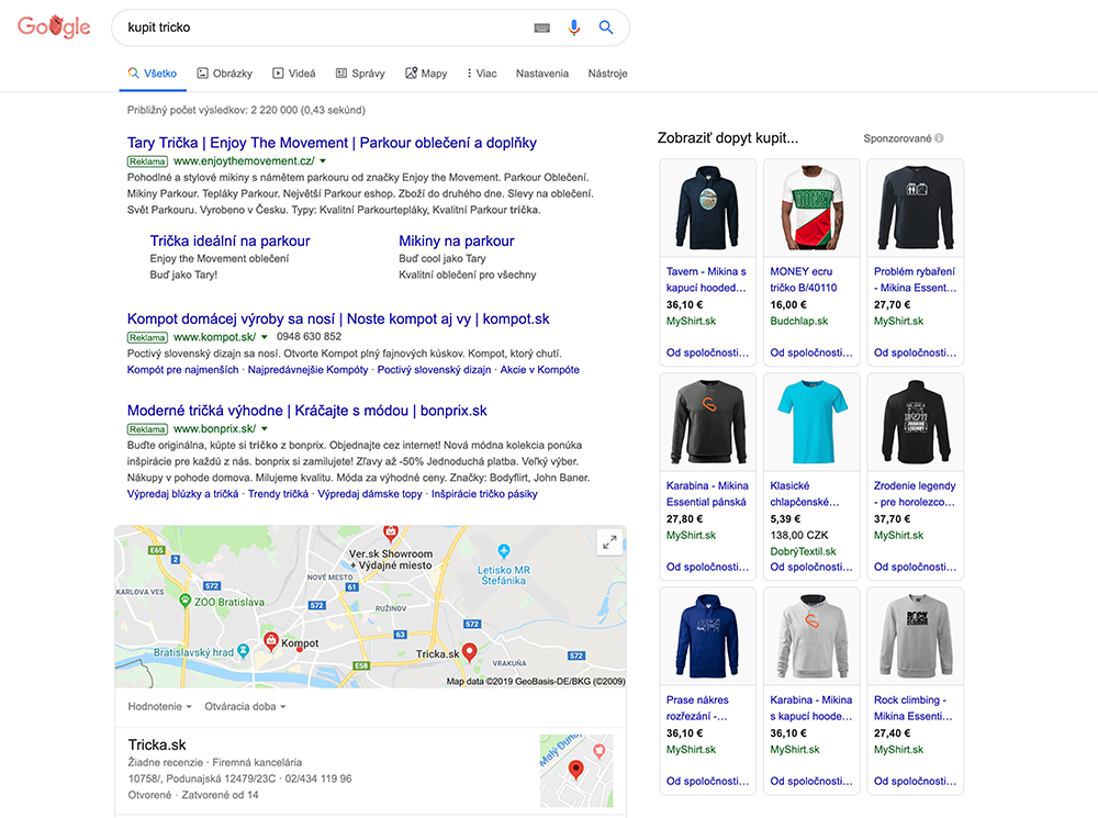 Ukážka Google Shopping vo výsledkoch vyhľadávania